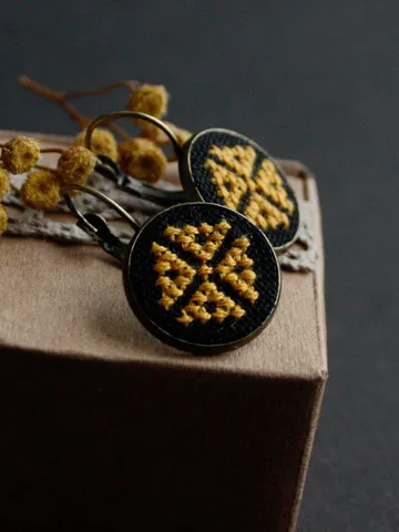 Yellow black tiny Ukrainian earrings leverback Handmade folk slavic Ukraine jewelry for vyshyvanka $23.87