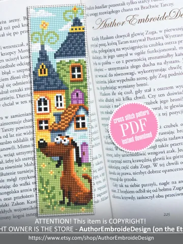 Dog bookmark cross stitch pattern PDF download Pet cross stitch chart, Simple bookmark pattern digital PDF, Fairy houses cross stitch #B467 $4.40