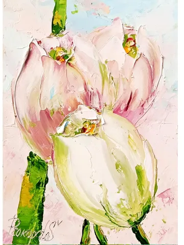 Pink Tulips Art Blossom Original Oil Painting Floral wall decor Mini art 7x5 in by ArtProkopaloSv $46.00