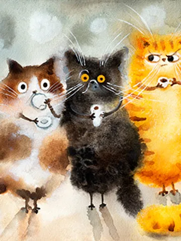 42x24cm Artwork by Julia Schigal "The  Chubby Cats" - watercolor, gouache, pastel $199.00