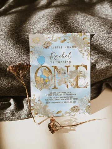 Winnie the Pooh Inspired First Birthday; Classic Winnie Pooh Invitations; Neutral Winnie Pooh Turning One; Winnie Pooh Birthday Party $12.78