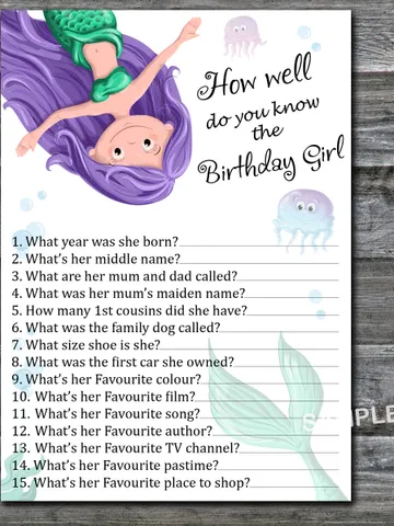 Mermaid How well do you know the birthday girl,Adult Birthday party game-fun games for her-Instant download $1.75