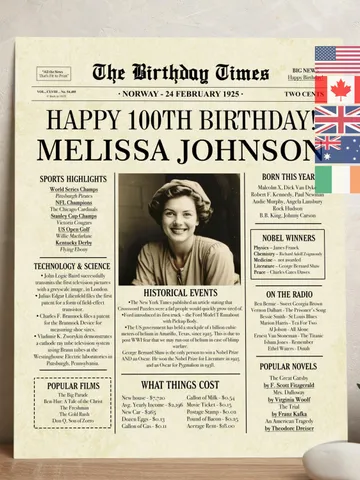 100th Birthday Newspaper Poster for Grandma – Born in 1925, Back in 1925 Printable Sign, Personalized Vintage 100th Birthday Gift $15.00