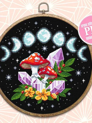 Moon phases cross stitch pattern download PDF Magic mushroom crystal cross stitch chart, Amanita mushroom cross stitch, Starry night #H52 $4.70