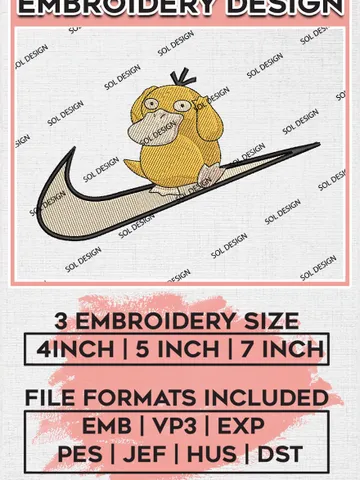 Nike Psyduck Embroidery Design, Pokemon Embroidery File, Anime Embroidery Design, Machine Embroidery, Instant Download EMB_ANIME_150
