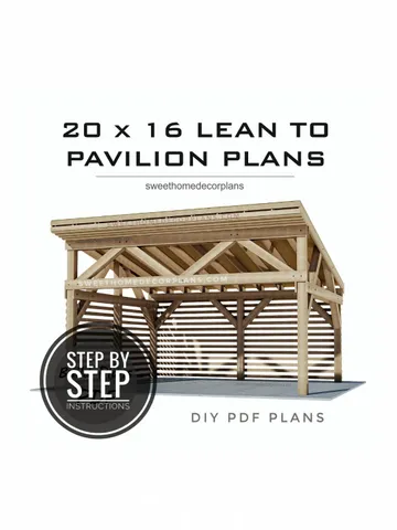 Diy 20 x 16 lean to pavilion plans in pdf. Carport plans. Wooden outdoor covered gazebo plans. Pergola backyard timber frame plans for outdoor. $16.90