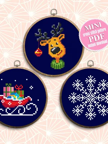 Christmas set cross stitch pattern download PDF, Christmas reindeer cross stitch,  Small santa sleigh embroidery, Quick beginner stitch #N56 $5.00