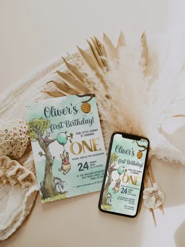 Classic Winnie Pooh Baby Birthday Invitation; Winnie Pooh Baby Birthday ; Greenery Baby Birthday; Honey Bear Birthday; Winnie Pooh wp5 $12.78