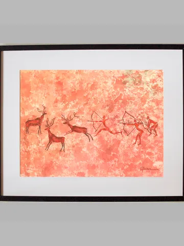 Deer hunting wall art | Original Pastel and Watercolor Artwork Ancient Cave Painting Style | Hunters Prehistoric art | Handmade Artwork | Archers stylization of rock art | Drawings of a prehistoric man $115.00