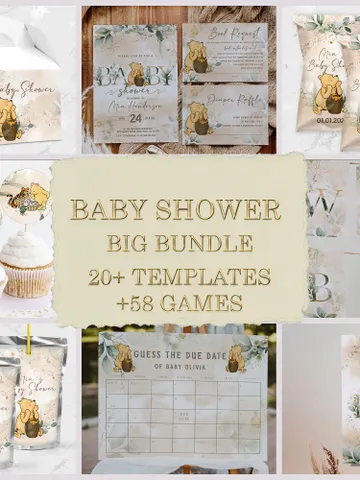 Winnie the Pooh Baby Shower Bundle; Large Winnie the Pooh Baby Shower Set; Honey Bear Baby Shower; We can Bearly Wait shower bundle; wp4 $46.00