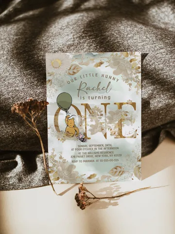 Winnie the Pooh Inspired First Birthday; Classic Winnie Pooh Invitations; Neutral Winnie Pooh Turning One; Winnie Pooh Birthday Party $12.78
