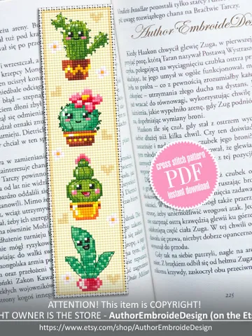 Cactus bookmark cross stitch pattern PDF download Kawaii cactus cross stitch chart, Floral bookmark pattern digital PDF, Potted plants #B342 $4.40