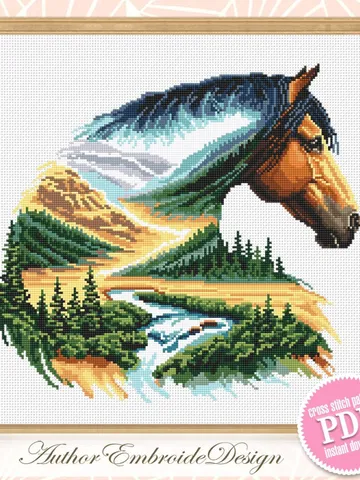Watercolor horse cross stitch pattern PDF download Nature landscape cross stitch chart, Horse pattern digital PDF, Gift for horse lover #L82 $5.90