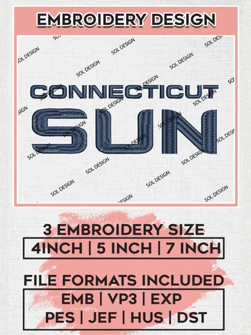 WNBA Connecticut Sun Word Mark Logo Embroidery Files, WNBA Connecticut Team Embroidery Designs, Basketball Teams, 3 sizes, Machine embroidery designs, Digital Download $6.99