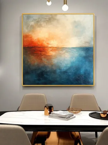 Hand-Painted Abstract Oil Painting | Modern Ocean Sunset Wall Art | Vibrant Orange and Blue Canvas Decor for Living Room and Office $131.27