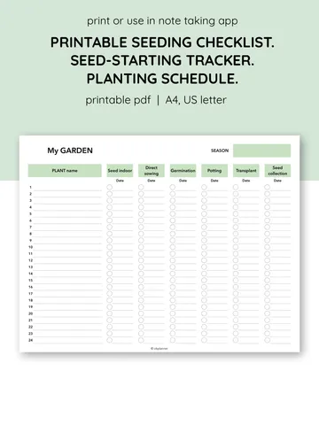 Printable Seeding Checklist. Greenhouse planting tracker Garden planning template. Seed-starting checklist. Planting schedule printable. Seeding tracker PDF. Garden organization chart. Vegetable planting guide. Herb garden planner. Flower seeding planner