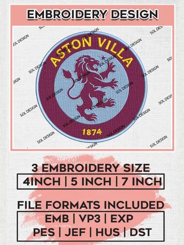Aston Villa Machine Embroidery Design Files, Premier League Embroidery files, EPL Aston Villa Teams, Football, Digital Download $6.99