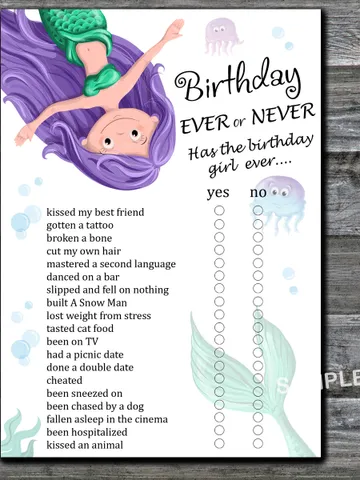 Mermaid Birthday ever or never game,Adult Birthday party game-fun games for her-Instant download $1.75