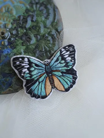 Butterfly Brooch. Hand-embroidered brooch, artistic satin stitch. $54.00