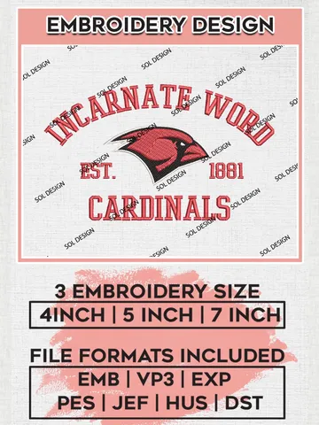 Incarnate Word Cardinals Est 1881 Embroidery Designs, NCAA Incarnate Word Cardinals Team Embroidery, NCAA Team Logo, 3 sizes, Machine embroidery Files, Digital Download $6.99