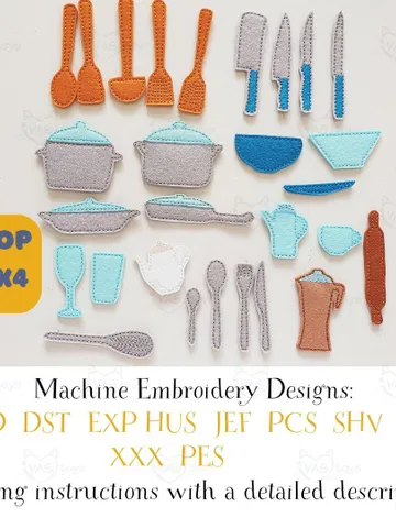 Large ITH Dollhouse Tableware Embroidery Design Set, Felt Dishes Cutlery Pots Pattern, Miniature 4x4 Digital File $15.00