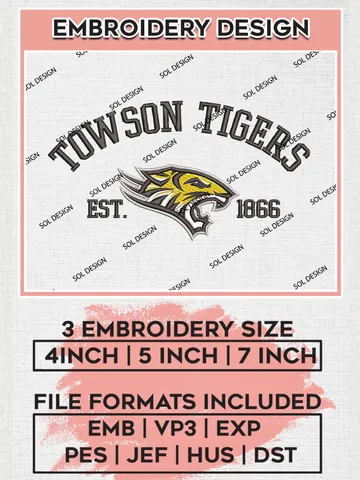 Towson Tigers Est 1866 Logo Embroidery Designs, NCAA Towson Tigers Team Embroidery, NCAA Team Logo, 3 sizes, Machine embroidery Files, Digital Download $6.99