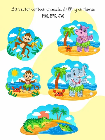 Vector set with cute cartoon Animals on Hawaii