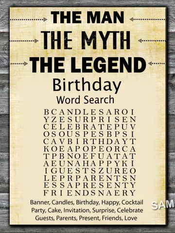 The man The myth The legend Birthday Word Search Game,Birthday Games for Him,Adult Birthday Games $1.75