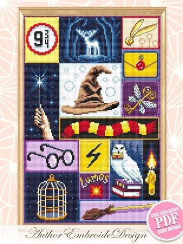Wizard sampler cross stitch pattern PDF download Wizard school cross stitch chart, Magic pattern digital PDF, Wizard hat, Letter owl #O13 $5.40