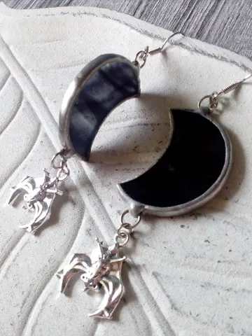 Glass crescent earrings, Bat earrings, Black crecsent, Witchy aesthetic, Witch earrings, Goth moon earrings, Halloween $40.00