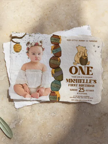 Classic Winnie Pooh Baby Birthday Digital Invite; Wizard Baby Birthday Evite; Greenery Baby Birthday; Honey Bear Evite; Winnie Invitation $12.78