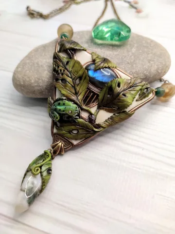 Green frog pendant with elaborete composition $180.00