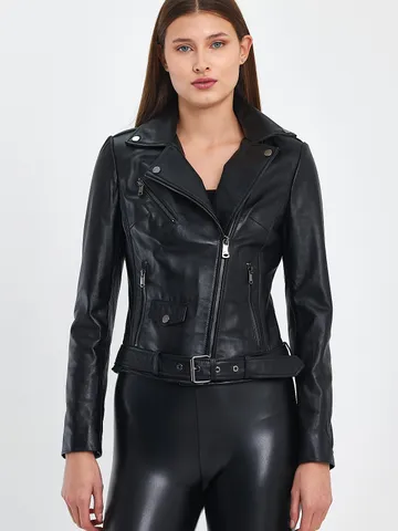 Women Biker Black Leather Jacket