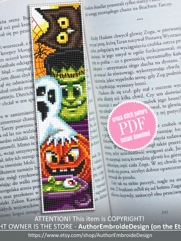 Halloween bookmark cross stitch pattern download PDF Handmade bookmark Halloween embroidery, Kawaii Halloween digital, Book lover gift #B52 $4.40