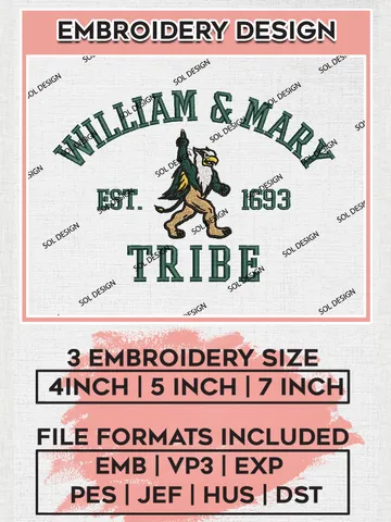 William & Mary Tribe Est 1693 Logo Embroidery Designs, NCAA William Mary Tribe Team Embroidery, NCAA Team Logo, 3 sizes, Machine embroidery Files, Digital Download $6.99