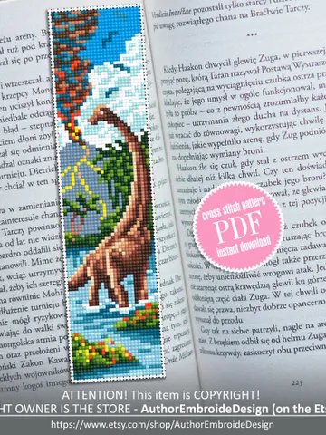 Bookmark cross stitch pattern download PDF Modern handmade bookmark digital PDF Dinosaur cross stitch chart, Nature lover gift, Volcano #B74 $4.40