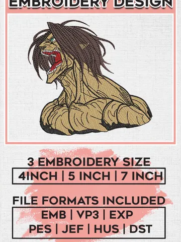 Eren machine embroidery design / Aot embroidery file, attack on titan embroidery design / Anime design Digital download EMB_ANIME_53 $6.99