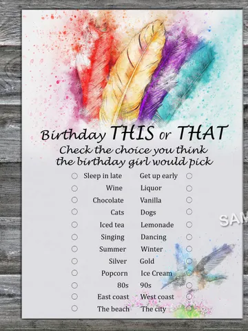 Tribal Feather Birthday This or that game,Adult Birthday party game-fun games for her-Instant download