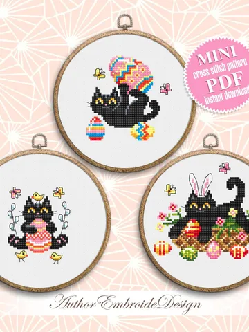 Set Black cat cross stitch pattern PDF download Easter cross stitch chart, Mini cat pattern digital PDF, Easter eggs, Cat holiday cards #T41 $5.00