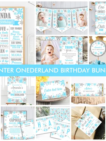 Winter Onederland Birthday Boy Decorations, Winter Onederland Birthday Party Package Bundle, Blue Silver Snowflakes Editable Template $40.00