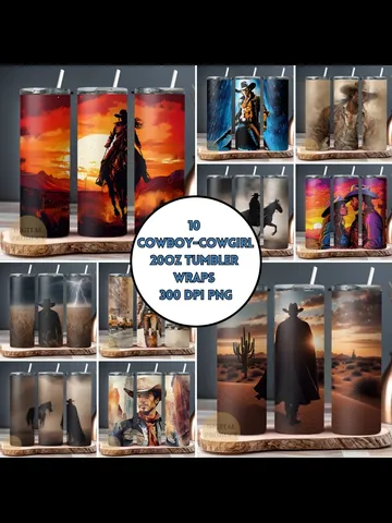10 Western Cowboy 20 Oz Tumbler Wraps png Bundle, Cowboy and Cowgirl Bundle Sublimation Tumbler Designs png, Cowboy and Cowgirl on Horse $4.50