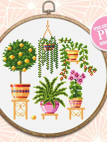 Potted plants cross stitch pattern download PDF Floral cross stitch sampler, Small house plant embroidery PDF, Garden cross stitch chart #P1 $4.40