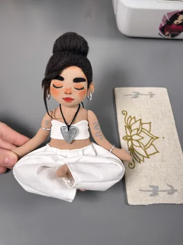 Textile doll yoga girl with dark bun and tattoo $210.00