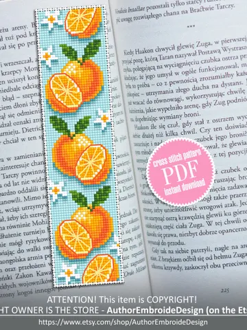 Orange bookmark cross stitch pattern download PDF Modern handmade bookmark pattern, Fruit cross stitch chart, Floral bookmark digital #B119 $4.40