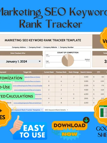 Marketing SEO Keyword Rank Tracker Template, Google Ranking Tracker, SEO Performance Spreadsheet, Keyword Position Monitoring Tool $8.26