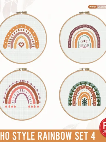 Bundle of 4 Rainbow boho style cross stitch pattern, Floral, nature, home decor, counted, chart, gift DIY, embroidery, beginner, instant PDF $10.00