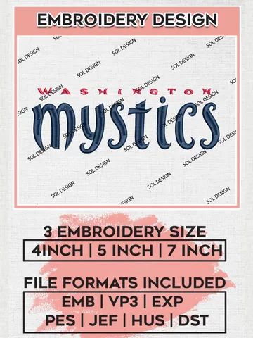 WNBA Washington Mystics Word Mark Logo Embroidery Files, WNBA Washington Team Embroidery Designs, Basketball Teams, 3 sizes, WNBA Machine embroidery designs, Digital Download $6.99