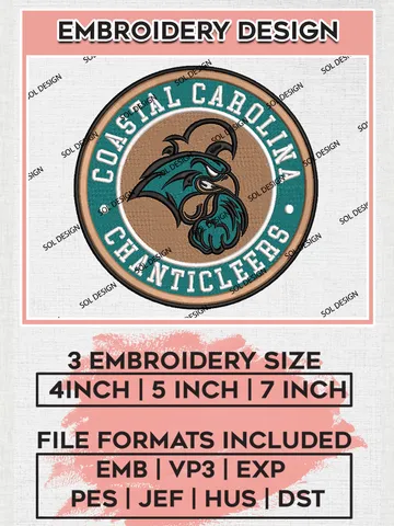 NCAA Coastal Carolina Chanticleers Round Logo Embroidery, NCAA Coastal Carolina Logo Embroidery files, NCAA Teams, Machine embroidery designs, Digital Download $6.99