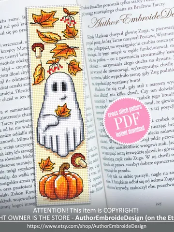 Ghost with pumpkin bookmark cross stitch pattern PDF download Cute ghost cross stitch chart, Fall bookmark pattern digital PDF #B369 $4.40
