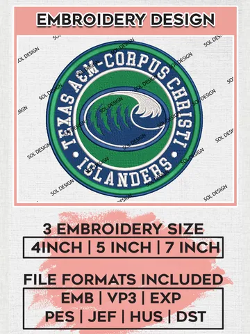 NCAA Texas A&M Corpus Christi Island Round Logo Embroidery, NCAA Texas A&M Corpus Christi Island Logo Embroidery files, NCAA Teams, Machine embroidery designs, Digital Download